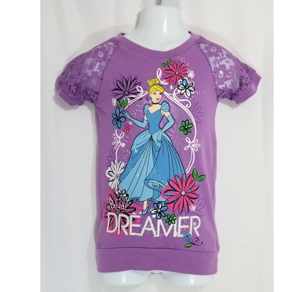 Walt Disney Girls 6x Cinderella Top Tshirt Purple Lace Sleeve Floral Dreamer